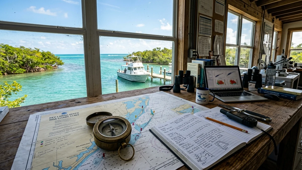 Florida Keys marine research desk with nautical navigation charts, logbooks, and oceanographic instruments