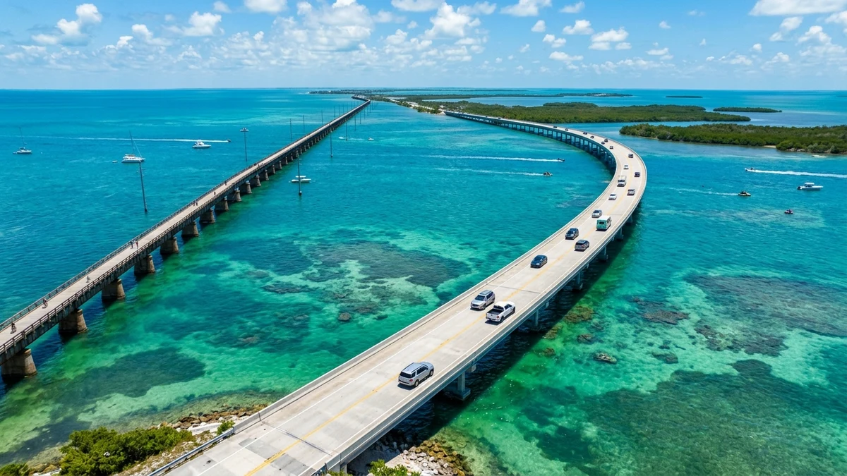Aerial view of Seven Mile Bridge spanning azure ocean waters connecting Key Largo toward Key West